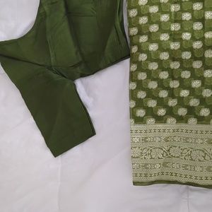 Organza Silk Green Saree with Matching Blouse